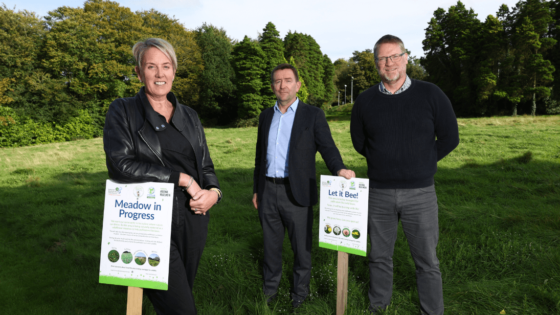 Three people dressed in dark clothes in a grassy area with trees in the background and two of them are standing near signs that promote an environmental and biodiversity message - 'meadow in progress' and 'let it bee'.