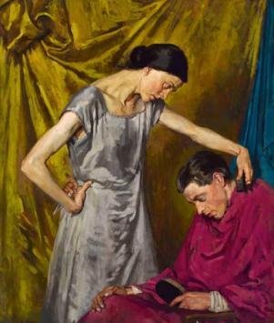 Colourful painting by Margaret Clarke, The Wife The Haircut. Painting of a woman in a silver dress with dark hair holding scissors in her right hand and combing a man's hair with her left. The man wears a ruby gown and is holding a brush. Golden drapes in the background.