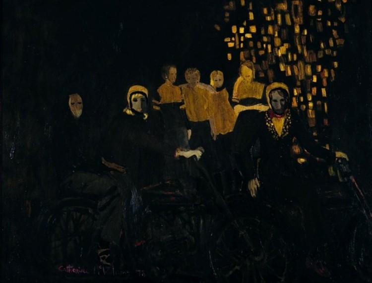 Black and gold painting by Catherine McWilliams, Girls and Motorbikes, 1973