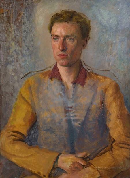 Painting by Margaret Clarke, portrait of the artist's son, David, sitting with hands resting on lap wearing a blue and orange coloured shirt.